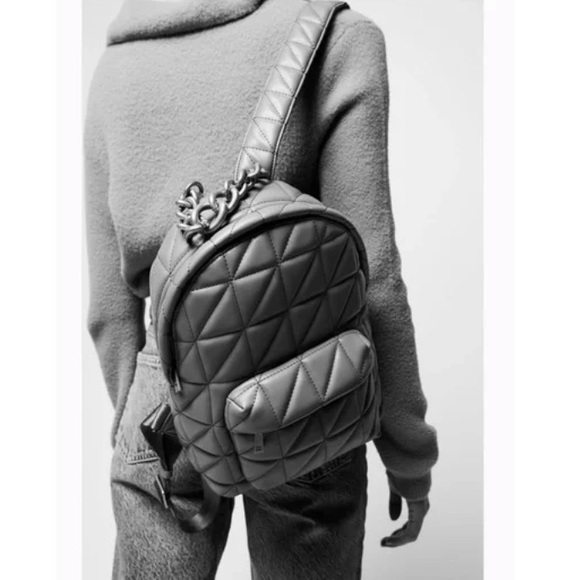 NWT Zara luxury minimalist faux leather quilted backpack chunky chain handle main image 14